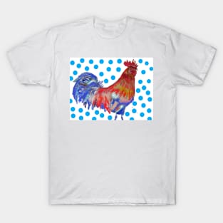 Rooster Watercolor Painting with Blue Polka Dots T-Shirt